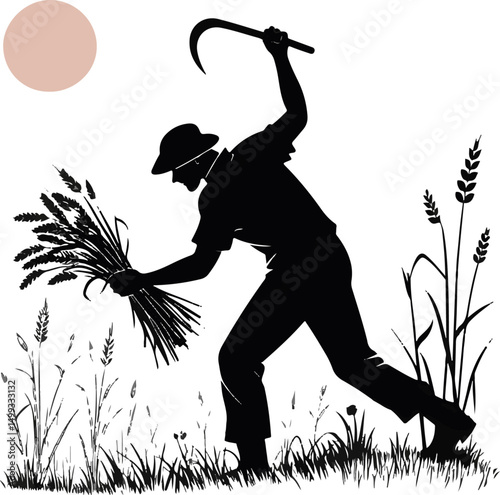 Farmer Harvesting Wheat with Sickle Silhouette