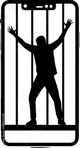 Silhouette of a Person Trapped Inside a Smartphone Like a Cage