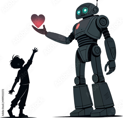 Robot Giving a Heart to a Child Silhouette