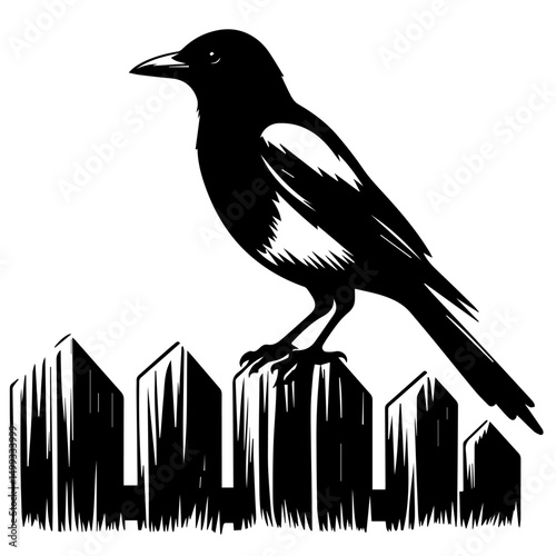 Majestic Crow Perched on a Rustic Fence Black and White Illustration