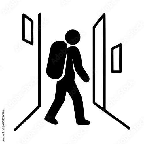 Traveler entering accommodation icon with backpack