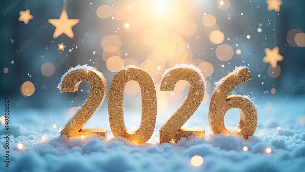 Festive golden 2026 numerals adorned with snow against a bokeh background Festive golden 2026 numerals adorned with snow against a bokeh background