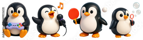 PNG Playful penguins enjoying activities, element set on transparent background