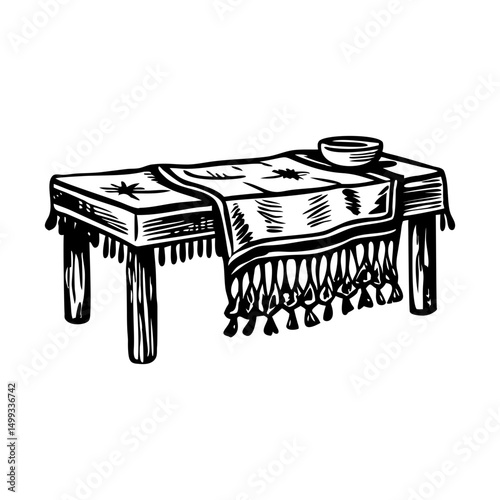 A vintage illustration showing classic wooden table