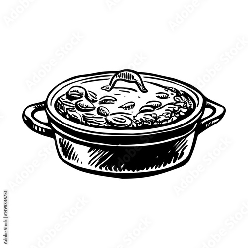 A vintage illustration depicting casserole dish serving