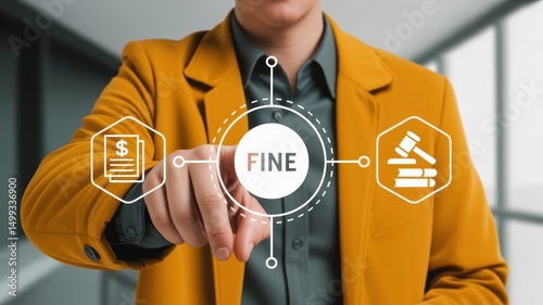 Person interacting with a digital interface displaying financial and legal concepts.
