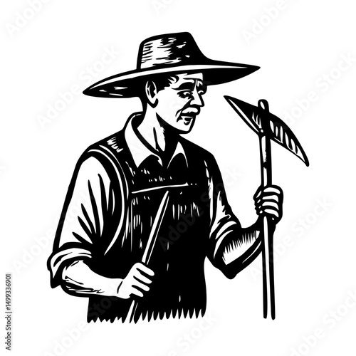 A vintage style illustration of friendly farmer