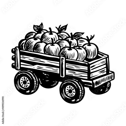 A vintage illustration showing wooden harvest cart