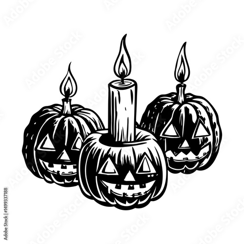 A vintage illustration of pumpkin candle glowing