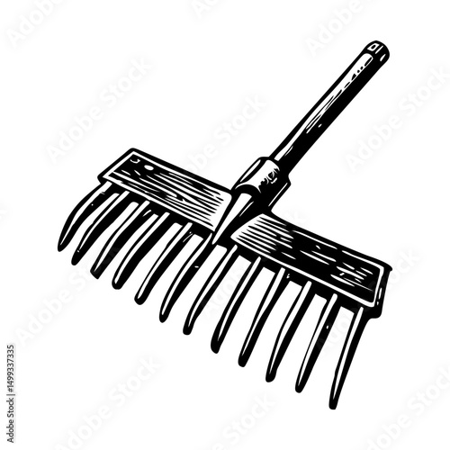 A vintage style illustration showing garden rake
