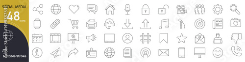 Social media related icons set. Including like, share, post, chat, comment, profile, and network. Editable stroke. outline icons.