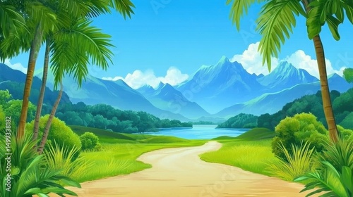 Serene landscape with a winding path leading to a tranquil lake surrounded by mountains