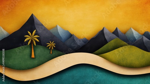 Vibrant sunset over stylized mountains and palm trees with flowing river in the foreground
