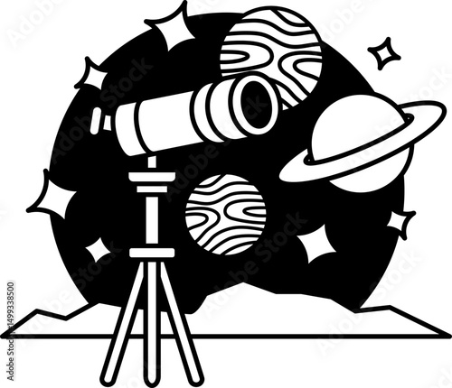 black and white illustration of telescope on a hill with a view of galaxy