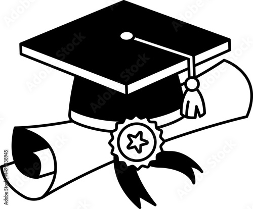 black and white illustration of a graduation cap on top of a diploma