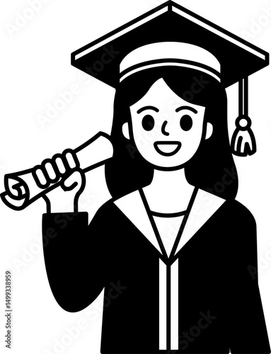 black and white illustration of a woman in a graduation gown holding a diploma