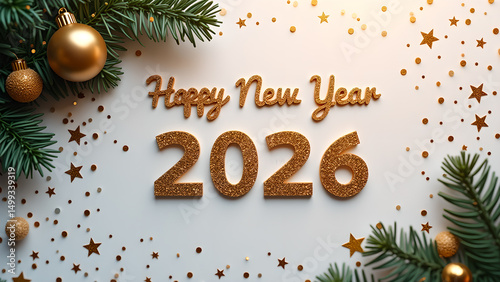 Festive golden 'Happy New Year 2026' display with sparkling decorations