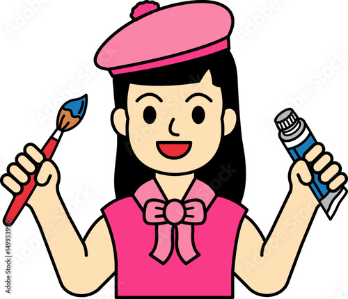 A girl holding a paintbrush and a tube of paint