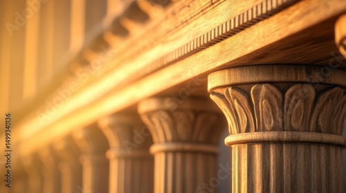 Close-up view of classical columns in warm sunlight, highlighting intricate carvings and textures