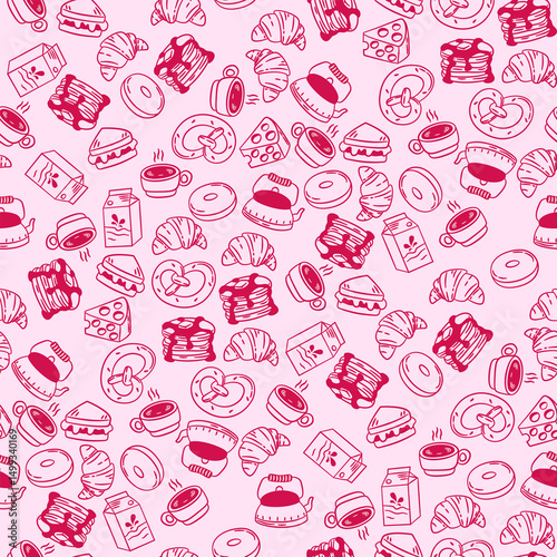 Cute coquette pink seamless pattern featuring hand drawn bakery, tea, and coffee doodle elements. Perfect for food themed designs and backgrounds.