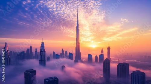 Urban industrial skyline at dawn or dusk, with sun-kissed clouds over towering city buildings