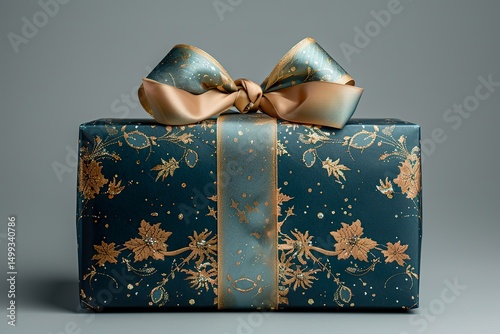 A beautifully wrapped gift box with a gold ribbon tied in a bow, decorated with sparkling glitter and intricate festive designs, creating a celebratory atmosphere 