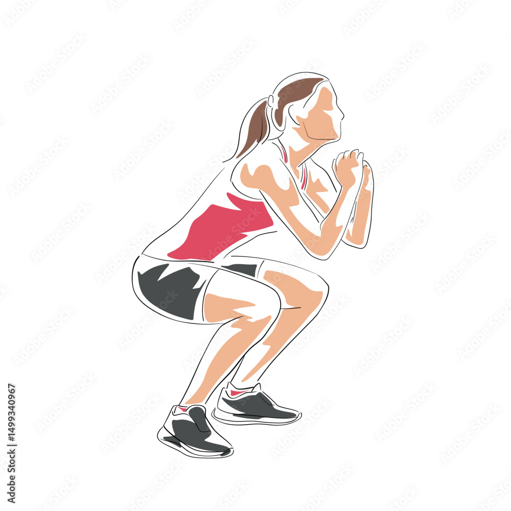 Young woman exercising – performing a squat, side view. Focused on healthy lifestyle, physical fitness, and home workout. Squatting, isolated vector illustration