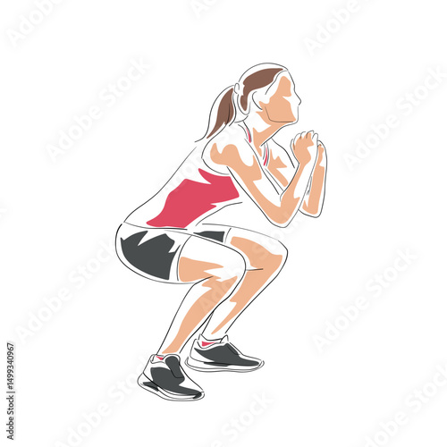 Obraz na płótnie Young woman exercising – performing a squat, side view. Focused on healthy lifestyle, physical fitness, and home workout. Squatting, isolated vector illustration w salonie