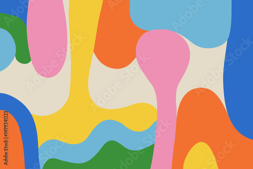Simple abstract background with hand drawn colorful shapes and figures. Fun childish doodle backdrop. Minimalist horizontal cover design template with copy space