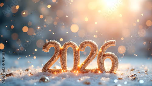 Radiant anticipation: Glimmering 2026 numerals bathed in luminous winter bokeh
