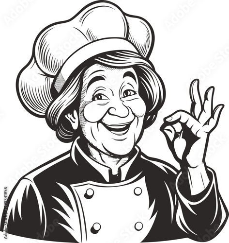 Happy chef woman in hat giving okay sign delicious food cooking, A cheerful female chef in a toque, giving an okay gesture, suggesting approval or satisfaction with food preparation.