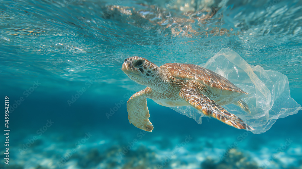Fototapeta premium Turtle swimming near plastic bag in ocean, danger to marine life