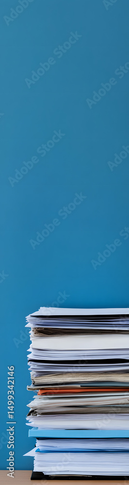 Stack of Paper Documents on Desk with Blue Background – Office Organization and Paperwork Concept - vertical banner - wide skyscraper Stack of Paper Documents on Desk with Blue Background – Office Organization and Paperwork Concept - vertical banner - wide skyscraper