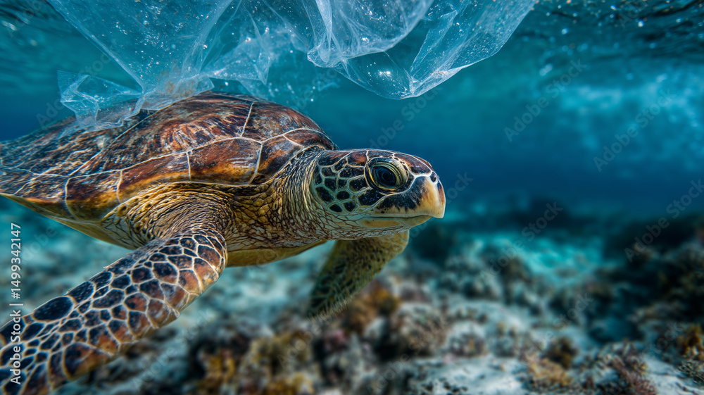 Fototapeta premium Turtle swimming near plastic bag in ocean, danger to marine life