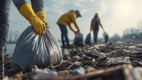 Volunteers in gloves cleaning a polluted beach
