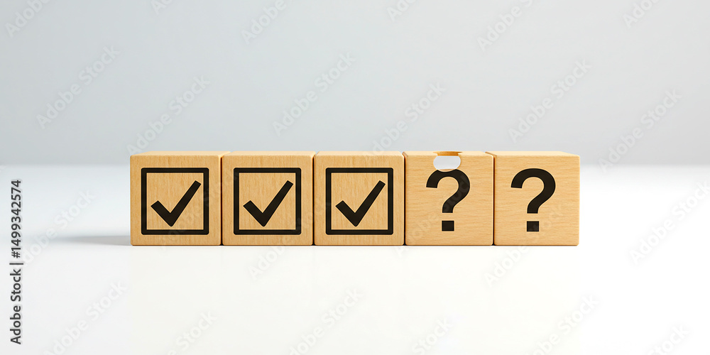 Wooden blocks displaying check marks and question marks on a white surface in a studio setting