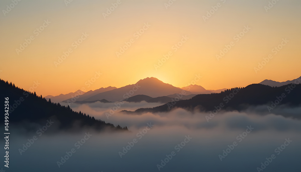 Obraz premium Minimalist mountain silhouette, soft fog, warm sunrise