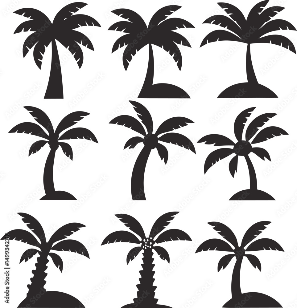 Fototapeta premium Twelve Black Silhouette Palm Tree Icons Set
