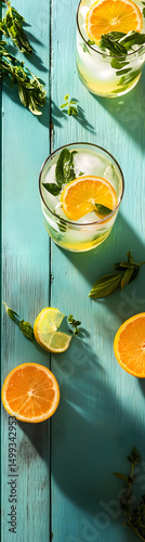 Refreshing Spring Cocktail with Citrus and Herbs on Sunny Day vertical banner - wide skyscraper - blue background