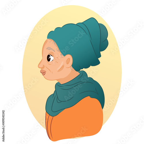 Elderly light-skinned woman wearing turquoise headdress and orange kowtie. Flat cartoon portrait illustration on yellow background. Concept of aging and wisdom. Design for postcard, poster, print