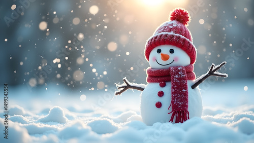 Whimsical winter scenery featuring a cheerful snowman basking in soft light