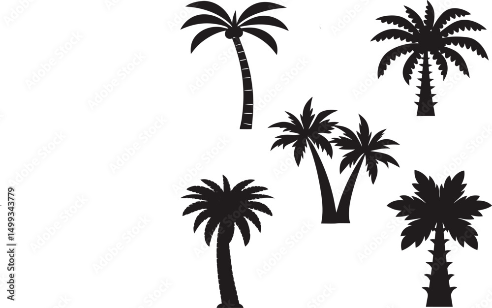 Fototapeta premium Collection of Five Black Silhouette Palm Trees