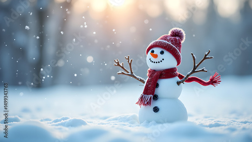 Charming snowman figure standing amid snowfall capturing the magic of winter