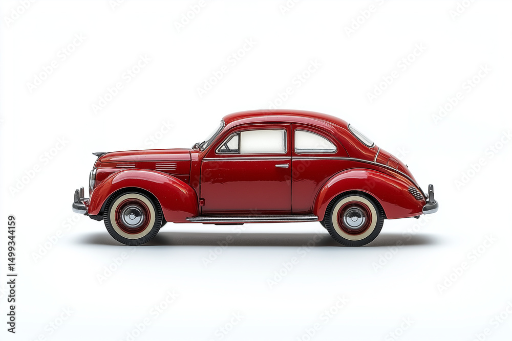 Fototapeta premium Bold red retro car toy, highly detailed with reflections, positioned on a pristine white surface