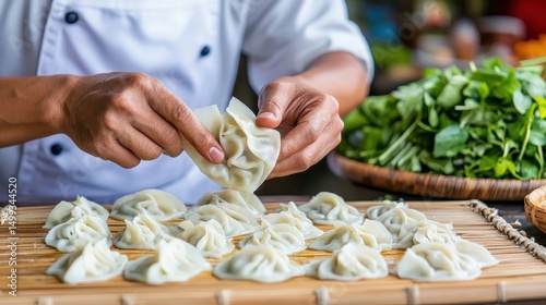Dim sum and street food concept. A chef skillfully prepares dumplings, showcasing culinary artistry with fresh ingredients and vibrant greenery in the background.