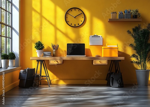 Yellow Home Office Mockup with Desk Laptop and Sunlight

 photo