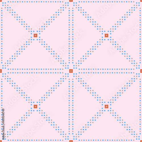 Pattern seamless of small square design in cross shape. Geometric of pastel orange and blue on pink background. Concept of minimal, kids fashion, cute, simple for print, wrapping, wallpaper, tiles.