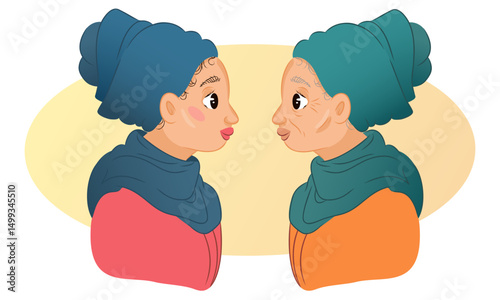 Young and elderly light-skinned women in turquoise headwraps facing each other. Flat cartoon portrait illustration on yellow background. Generational connection concept. Design for card, poster, print