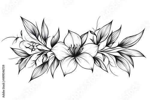Wallpaper Mural Delicate Floral Arrangement Elegant Outlined Flower with Leaves and Detailed Veins Torontodigital.ca
