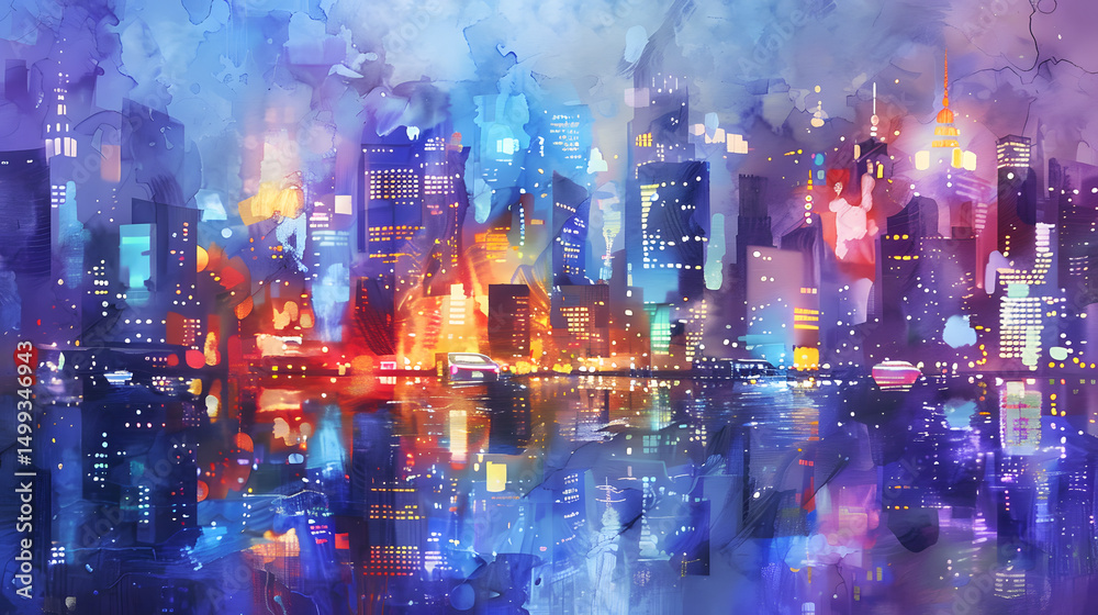Fototapeta premium Futuristic City Skyline With Glowing Skyscrapers